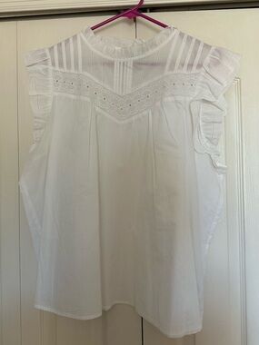 J. Crew White Eyelet Lace Yoke Ruffle Sleeve Blouse